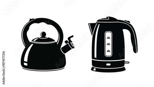 Two kettle designs displayed in a striking black and white silhouette