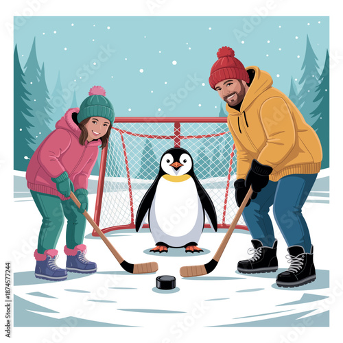 Illustration of happy family playing ice hockey with penguin mascot on frozen lake for winter sport and outdoor fun