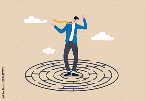 Solving complex business problem, difficulty or challenge to overcome to achieve success or business direction concept, confused businessman in the middle of maze labyrinth finding exit or the way out