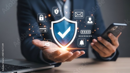 Businessman protecting personal data with secure shield and icons