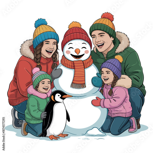 Joyful family building snowman together with small penguin companion on snowy ground wearing warm winter coats and colorful knitted beanies vector illustration