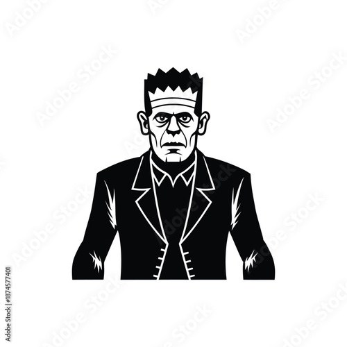 Frankenstein's monster illustration in classic black and white suit