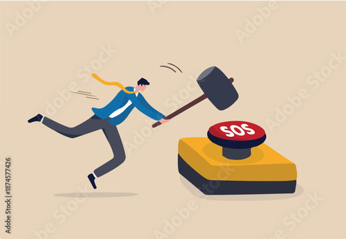 SOS call for business help, emergency support needed in economic crisis or signal for financial stock market crash concept, smart businessman in hurry hit the SOS button with big hammer.