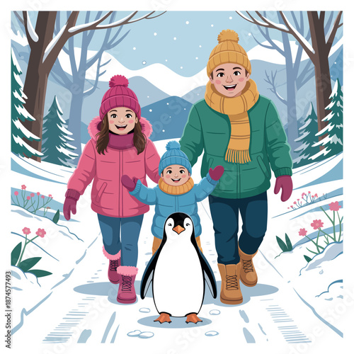 Vector illustration of family walking with penguin on winter snow forest for family travel adventure in winter season