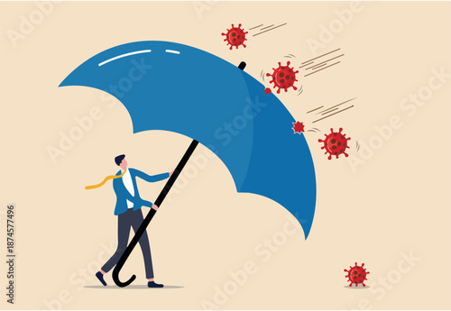 COVID-19 Coronavirus outbreak financial crisis help policy, company and business to survive concept, businessman leader stand safe by cover himself with big umbrella from COVID-19 Coronavirus pathogen