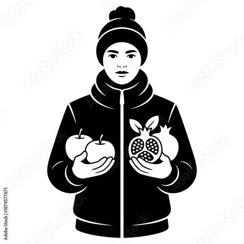 Woman in winter hat and jacket holding fruits like apples and pomegranates with hands giving or showing harvested