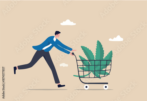 Purchasing cannabis CBD or buying marijuana for medical concept, happy patient man pushing shopping cart with cannabis leaf.