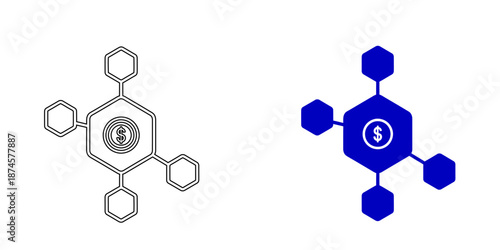 Digital Fintech and Blockchain Network Icon  Laptop with Dollar Sign and Hexagonal Circuitry for Cryptocurrency, Online Banking, and Cyber Finance Technology