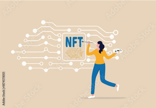 NFT non-fungible token, selling crypto art or painting as unique digital asset with cryptocurrency payment in online bidding website, artist woman painting beautiful digital canvas with the word NFT.