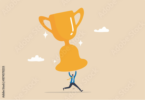 Big success or achievement, winning large business scale or challenge and effort to win award concept, confidence businessman entrepreneur carrying big winner trophy.