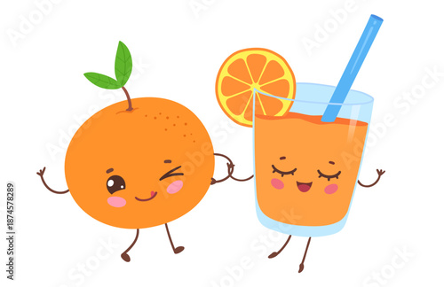 Vector illustration of a cute orange and orange juice with smiling faces. Flat isolated fruit object set.