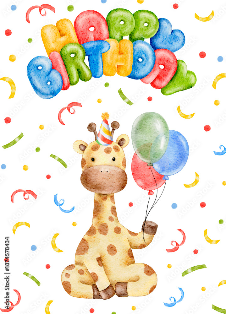 Naklejka premium watercolor Happy Birthday postcard with cute baby giraffe with a bundle of balloons and confetti, hand drawn illustration for baby's Birthday event greeting card