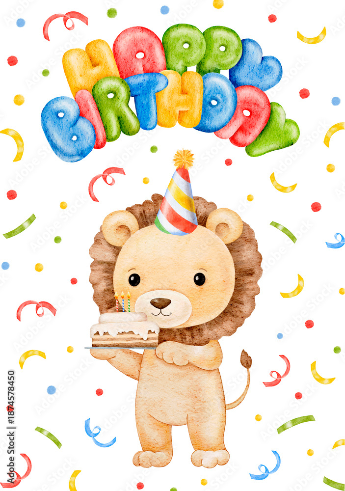 Obraz premium watercolor Happy Birthday postcard with cute baby lion with a cake and confetti, hand drawn illustration for baby's Birthday event greeting card