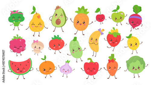 Vector illustration of cute fruits and vegetables with smiling faces. Flat isolated food object set.