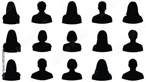 Collection of fifteen diverse black silhouette avatars representing individuals for user profile icons