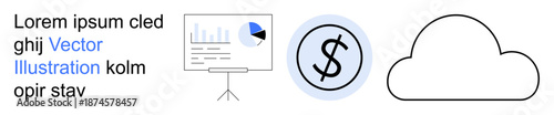 Business strategy, finance management, cloud computing, data analytics, technology, remote work. A presentation chart, dollar symbol and cloud icon on white. Finance and data analytics concept
