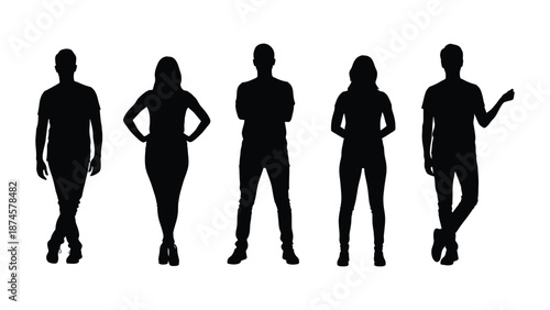 Diverse group of five standing human silhouettes showing confident poses