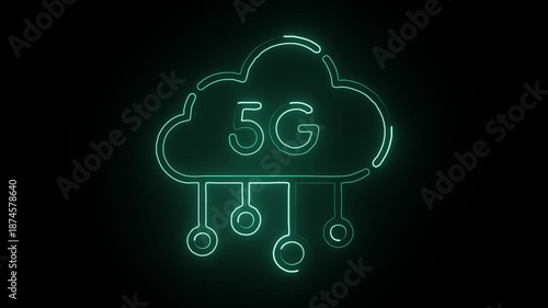 5G neon background text moving animation on black background, concept of global networking and digital future with wireless broadband connections