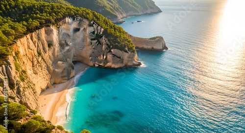 Coastal Cliffs Golden Beach Turquoise Ocean Water