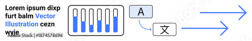 Translating text from one language to another with progress bars, an alphabet icon, and arrows. Ideal for language tools, localization, globalization, technology, software, learning simple landing