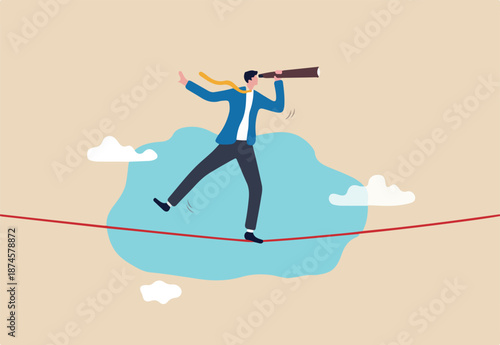 Searching for opportunity, profit in uncertainty situation, risk management or investment vision in recession, seeking alpha concept, businessman see through telescope while walking on risky rope