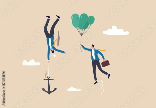 Business ranking up or down, situation for success and failure, growth or losing comparison, risk or challenge concept, businessman holding balloon rising up compare to other falling down with anchor.