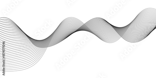 Abstract monochrome wave swirl with smooth parallel frequency lines, twisted curve strokes, and blended motion creating a dynamic digital sound wave pattern on white or transparent background.