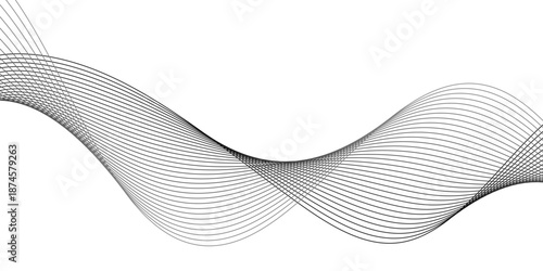 Minimal abstract sound wave line art featuring flowing black and gray curves, parallel blended lines, and a dynamic 3D ribbon motion effect on white for modern technology visuals.