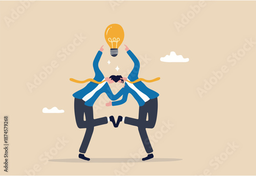 Cooperation to success together, brainstorm new idea or share knowledge, collaborate to get solution, team innovation or partnership, businessmen in think together posing pointing at lightbulb idea