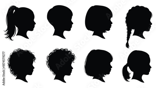 Collection of black and white female child head silhouettes showing various hairstyles and profile views