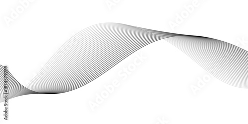 Monochromatic digital sound wave pattern with flowing parallel curved lines, creating a smooth frequency ribbon effect on white or transparent background for abstract technology line art.