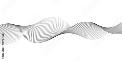 Monochromatic digital sound wave pattern with flowing parallel curved lines, creating a smooth frequency ribbon effect on white or transparent background for abstract technology line art.