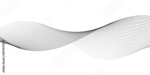 Abstract black and gray flowing wave lines on white, featuring smooth parallel sound frequency curves that form a dynamic 3D ribbon effect with twisted blended lines for modern technology design.