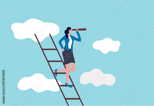 Woman leadership, new diversity world directed by lady leader concept, confidence executive businesswoman company or country leader standing on ladder of success using telescope for future vision.