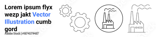 Industrial design, manufacturing processes, production systems, automation, engineering, industrial growth. Black-and-white factory and gear icons on a white background. Manufacturing and industrial