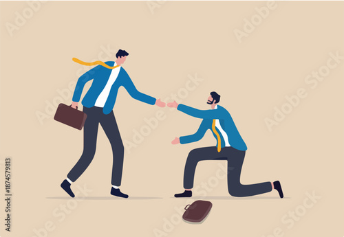 Kindness to help others from failure or crisis to stand again, support or assist in workplace or career guidance concept, kindness businessman offer helping hand to pull fail partner or colleague.