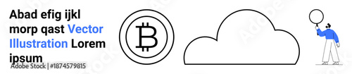 Bitcoin coin beside cloud outline and figure holding a balloon. Ideal for technology, cryptocurrency, finance, cloud computing, innovation, creativity, simple landing page