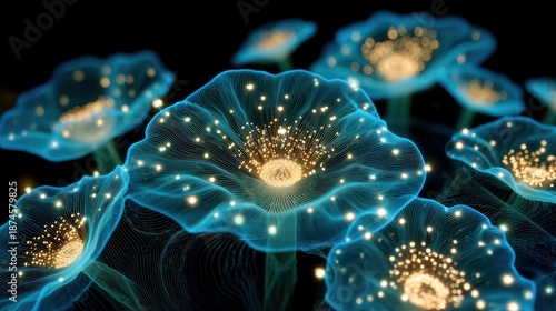 Glowing Blue Flowers with Sparkling Details on a Dark Background