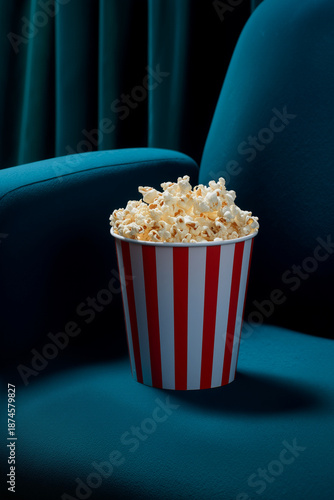 Classic red and white striped popcorn bucket overflowing with fresh popcorn on a blue cinema seat. Atmospheric movie theater interior background for Popcorn Day celebration.