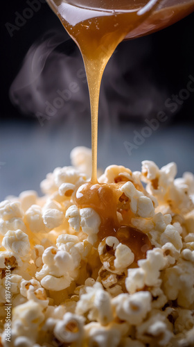Macro shot of thick golden caramel pouring over a pile of fresh popcorn with rising steam. Delicious sweet snack preparation for movie night or Popcorn Day celebration.