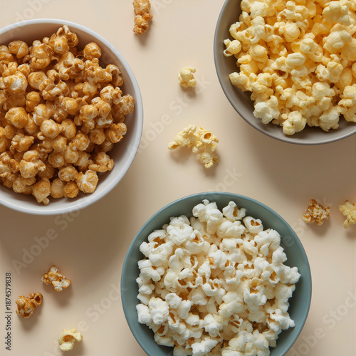 Aesthetic top view of various popcorn flavors including caramel, cheese and classic salted in ceramic bowls. Flat lay food composition for National Popcorn Day on beige background.