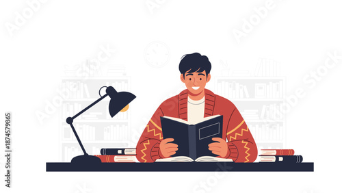 Cheerful young man engrossed in reading a book at a well-lit desk, surrounded by organized bookshelves in a cozy library setting.