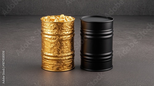 Gold and black metal barrels with shiny coins on textured surface