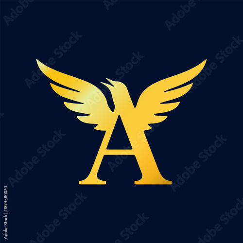 Gold Metallic Letter A Logo with Wings and Bird Head, Royal Emblem for Aviation, Sports, or Premium Brand Identity vector design