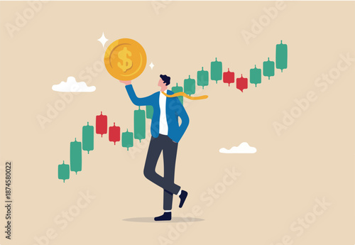 Stock market trader, technical analysis to buy and sell stock to earn profit, investment or wealth management, trend following concept, businessman trader hold money dollar coin with chart and graph.