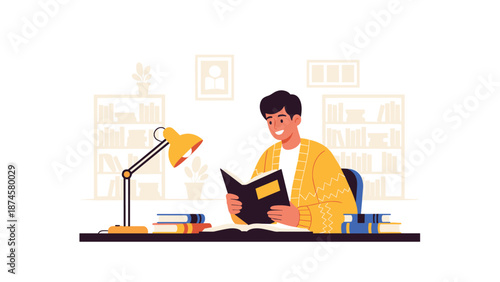 Contented young man enjoying a book at a bright desk, featuring bookshelves filled with volumes in a peaceful study environment.
