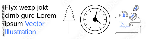 Financial growth, digital economy, cryptocurrency, time management, fintech, investment tools. Outline of a tree, clock and digital wallet with coins. Concepts of cryptocurrency and financial growth