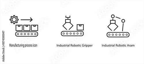Manufacturing Process Icon with Conveyor Belt, Robotic Gripper and Industrial Arm
