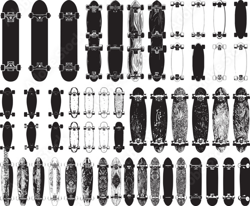 Skateboard and Longboard Vector Art Collection: Diverse Shapes, Silhouettes, and Intricate Deck Designs

