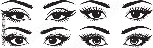 Detailed illustration of various female eye makeup styles with different eyeliner and mascara looks on a plain white background